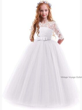 Girls Floor Length Tulle Lace Formal Dress Wedding Flower Girl